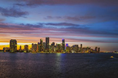 Miami City gece silueti. Miami 'nin geceleri manzarası.