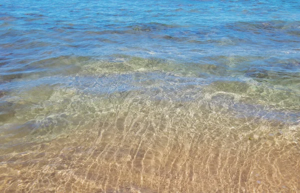 黄金の砂とビーチ、ターコイズブルーの海の水。パノラマの海の景色。夏休みの自然背景. — ストック写真