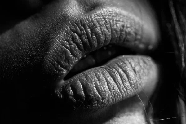 Dudaklar. Yakın plan çıplak kadın dudağı. Doğal makyaj malzemesi. Seksi dolgun dudak. Kozmetoloji, iğneler, güzellik plastiği.. — Stok fotoğraf