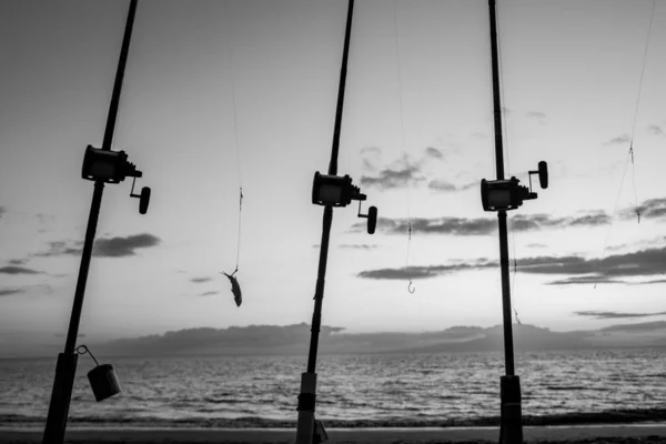 Fishing rod and reel on sea, διακοπές σε γαλάζιο ωκεανό και καλοκαιρινό ηλιοβασίλεμα ουρανό. — Φωτογραφία Αρχείου