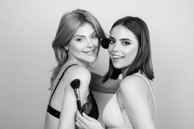 Yüzünde makyaj fırçası olan iki güzel kadının portresi. Kadın güzeli. Makyaj yapan seksi genç kızlar. Yüz derisi. Yakın çekim Taze ciltli güzel kızlar.