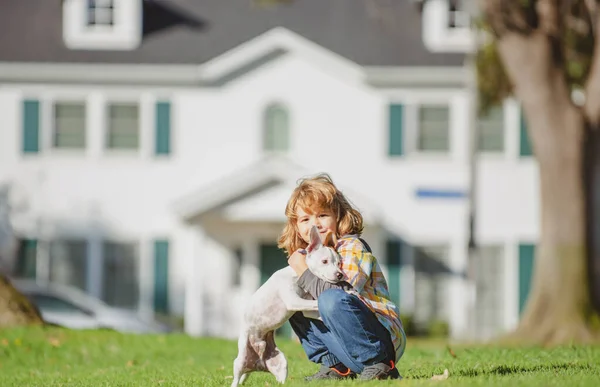 Retrato de un niño lindo con perro relajándose en la naturaleza. Dueña de un niño acariciando suavemente a su mascota. Niño feliz y cachorro la abraza con ternura. Niño con cachorros abrazándose. Mascotas y niños al aire libre. —  Fotos de Stock