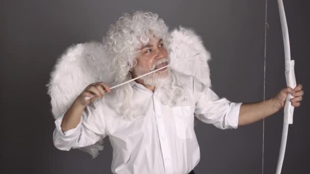 Crazy angel cupid valentin with bow arrow ready to shoot. Funny bearded man with feathers wings of Cupid Valentines Day. — Stock videók