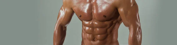 Banner templates with muscular man, muscular torso, six pack abs muscle. — 图库照片