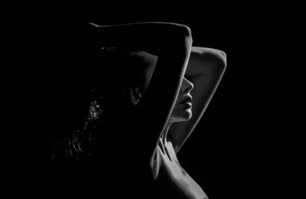 Tender girl, tenderness. Portrait of young attractive woman. Dramatic and sensual portrait of a beautiful girl isolated on a dark background in studio. — Fotografia de Stock