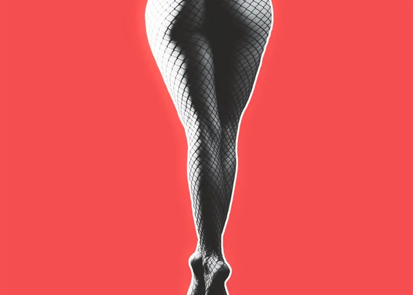 Long female legs. Sexy butt, ass. Baner, body isolated on red. Feet of a girl in stockings. — Fotografia de Stock