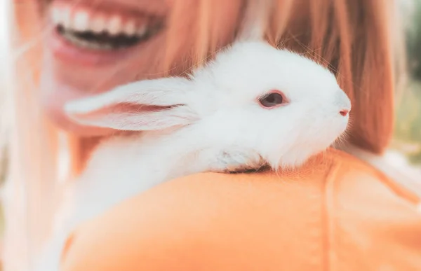 爱丽丝在仙境。 女人抱着可爱的毛茸茸的兔子，特写。 与复活节兔子的友谊. — 图库照片