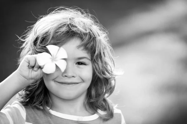 Primer plano retrato de un pequeño niño rubio ojos plumeria flor. Niños divertidos en el parque natural de verano. Vacaciones de verano. Cubre los ojos con concepto de flor. — Foto de Stock