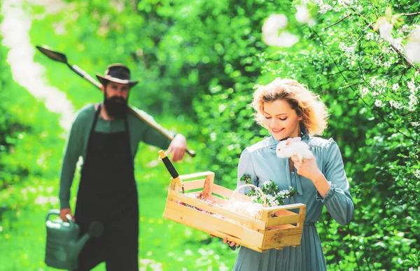 Dos personas de jardinería en el jardín del patio trasero. Retrato de una joven pareja feliz en el patio durante la temporada de primavera. Agricultura y cultivo agrícola . — Foto de Stock