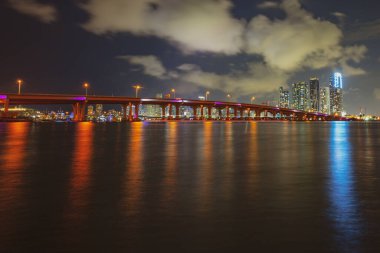 Florida Miami gece şehri. ABD şehir merkezi gökdelenler manzara, gece yarısı kasabası.