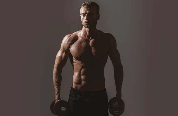Σέξι αθλητικός κορμός, άντρας με αλτήρες. Πορτραίτο αθλητή με αλτήρες. Shirtless άνθρωπος με τους μυς του κορμού στο στούντιο. — Φωτογραφία Αρχείου