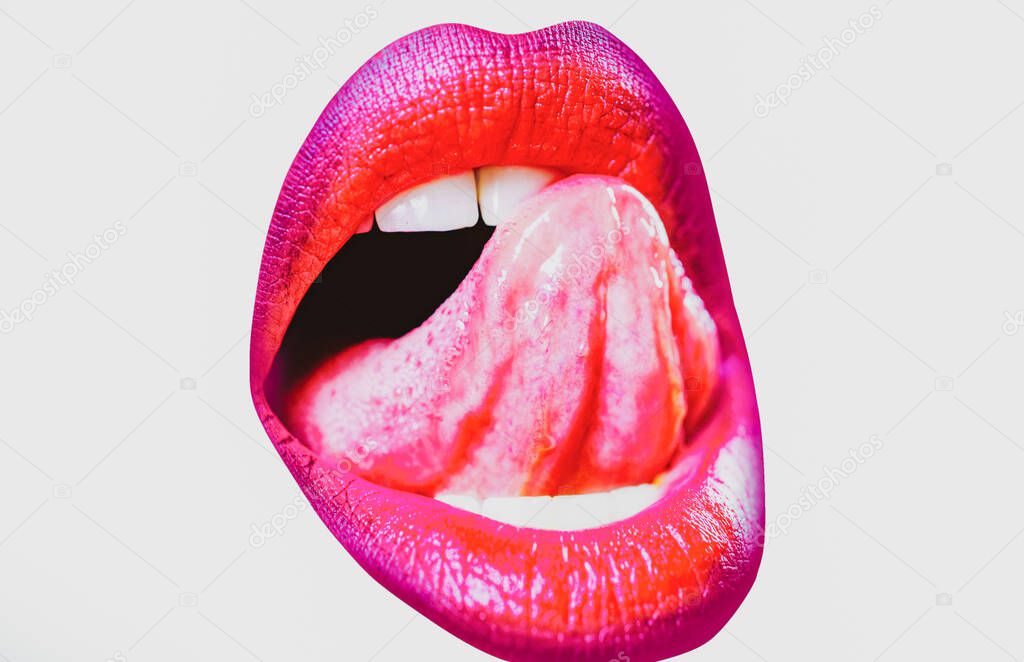 Red lips, mouth and tongue icon. Poster and banner of open mouth. Close-up woman licking lips. Female sexy mouth with tongue.