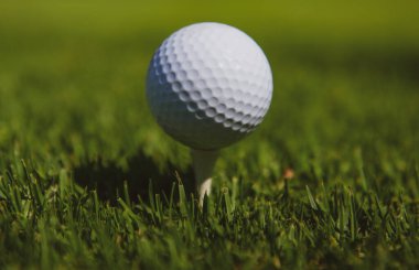 Çimlerde golf topu. Golf topu yeşil çimlerin üzerinde..