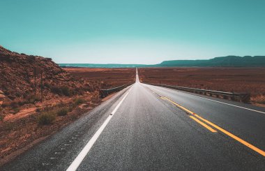 Yaz mevsiminde tarlalar arasında asfalt yol.