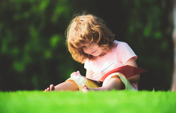 Niños al aire libre aprendiendo. Niño pequeño dibujando a lápiz. Creativo niño artístico, creatividad educación temprana. —  Fotos de Stock