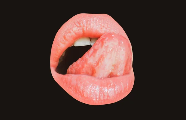 Lábios vermelhos. Sexy mulheres boca aberta, lambendo, língua se destacando. — Fotografia de Stock