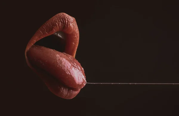 Closeup erotic mouth. Woman sexy tongue. Desire, sensual seductive. — Stock Photo, Image