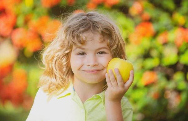 Ребенок ест яблочные фрукты на открытом воздухе осенью природа здорова на открытом воздухе. — стоковое фото