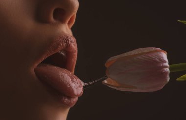 Oral sex, orgasm, blowjob, licking flower. Girl lips with tulips. Sensual sexy female mouth and spring flowers.