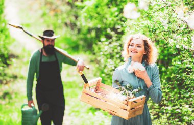 Yumurta avı. Çiftlikte tavşancığı olan güzel genç bir kadın. Mutlu Paskalya tatili konsepti.