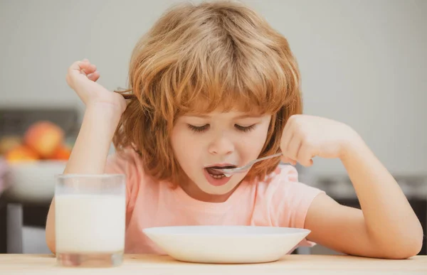 Chico gracioso con plato de sopa. Cena infantil. Niño en edad preescolar disfrutando del desayuno por la mañana, sosteniendo cuchara. Nutrición saludable para niños. — Foto de Stock