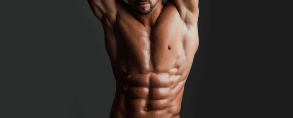 Banner templates with muscular man, muscular torso, six pack abs muscle. — Stockfoto