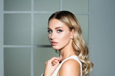 Güzel genç bir kadının portresi. Şehvetli, güzel bir kadın modelin yüzünü yakından çek. Doğal güzellik kadını. Moda ve güzellik.