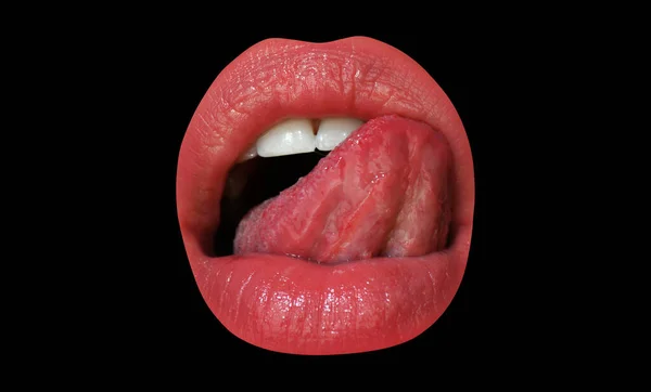 Tongue and sexy female lips. Sexy sensual womens open mouths. Close up macro tongue. — Stock Photo, Image