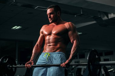 Halter kaldıran formda bir adam. Spor salonunda dambılla egzersiz yapan genç sporcunun portresi. Crossfit, spor ve sağlıklı yaşam tarzı konsepti.