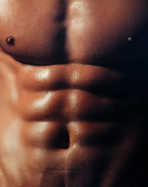 Attrayant mâle sexy corps humide. Six pack musculaire, gros plan du corps. Modèles de bannière avec homme musclé, torse musculaire, six pack abs muscle. — Photo