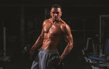 Spor salonunda egzersiz. Spor antrenmanı. Bir dambılı kaldırmaya odaklanan fitness adamı.