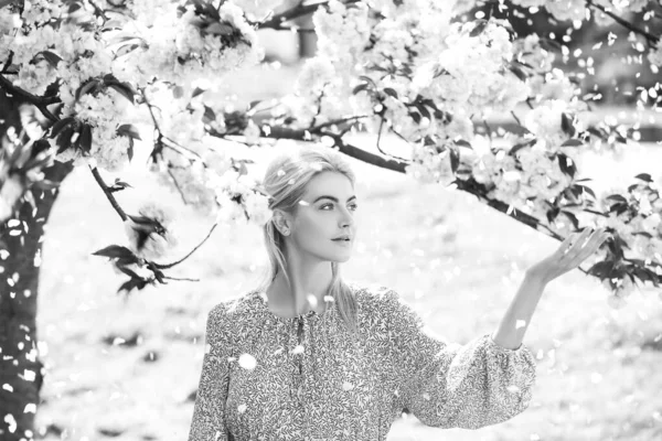 Jarní dívky v květinách. Krásná žena v třešňové květinové zahradě na jaře, okvětní lístky padají ze stromu. — Stock fotografie