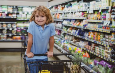 Markette ya da markette alışveriş arabasında malı olan tatlı bir çocuk..
