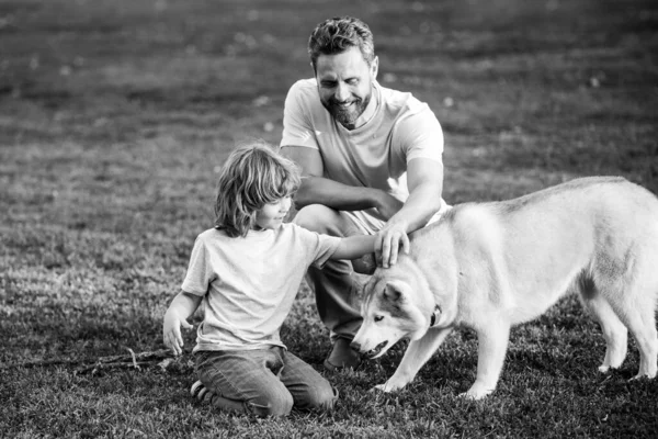 Pai e filho brincando com o cachorro no parque primaveril. Conceito de família amigável com animal de estimação. — Fotografia de Stock
