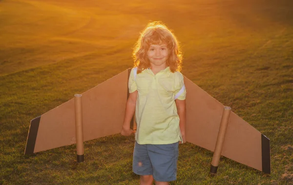 Niño viajero con alas de mochila en el campo de hierba puesta del sol. Niño jugando piloto aviador y sueños al aire libre en el parque. — Foto de Stock