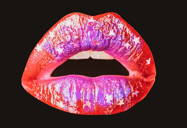 Open mond vrouw dicht. Sexy rode vrouwelijke lippen. Sensuele open mond. Geïsoleerde lip, verrast wow icoon. — Stockfoto