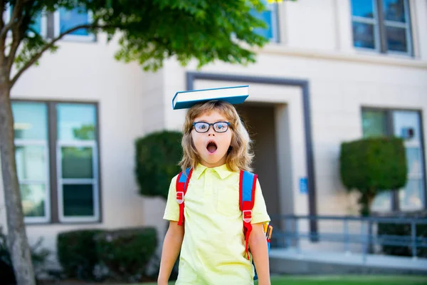 Счастливый улыбающийся ребенок в очках впервые идет в школу. Ученик пошел учиться. Мальчик с сумкой ходит в начальную школу. Ребенок начальной школы. Возвращение в школу. — стоковое фото