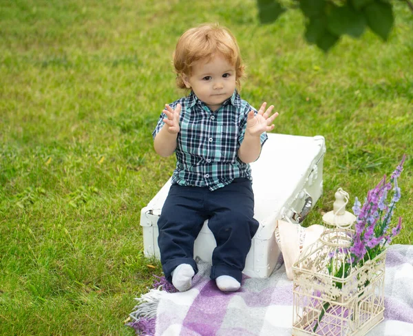 Kleine baby speelt in de natuur op het groene gras. Kinderen spelen. Baby en zomer zonnig weer. — Stockfoto