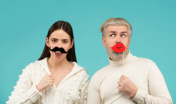 Portrait of young funny couple with lips moustache, Mr and Mrs concept. — Stock Photo, Image