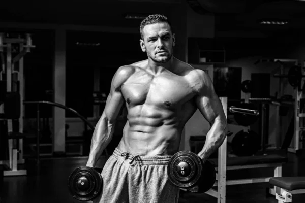 Bodybuilder training in de sportschool met halters. Sportman met naakte romp. Sportieve training. Atletisch lichaam. — Stockfoto