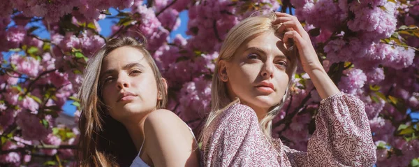 Vår banner med kvinnor flickvänner utomhus. Vårflickors mode. Vacker flicka i rosa blommor i sommar blomma park. — Stockfoto