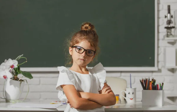 Мила маленька дитина навчається в класі в початковій школі. Шкільна дівчина в окулярах на дошці . — стокове фото