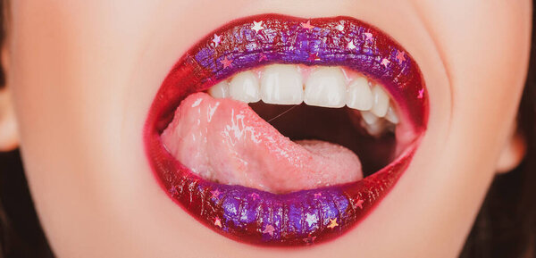 Lips bright makeup. Lip, teeth, tongue.