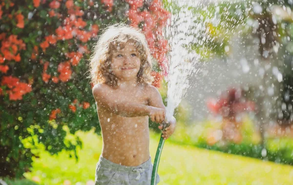 Ребенок веселится в саду. Дети держат поливающий садовый шланг. Активные игры на открытом воздухе для детей на заднем дворе во время сбора урожая. — стоковое фото
