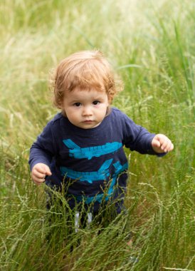 Sonbahar parkında yeşil çimlerin üzerinde bir bebek. Bebek yüzlü, yakın çekim. Küçük komik çocuk portresi. Sarışın çocuk, duygusal yüz..