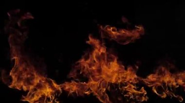 Alevler siyah arka planda yavaş çekimde yanar. Yanan alev izole, soyut doku.