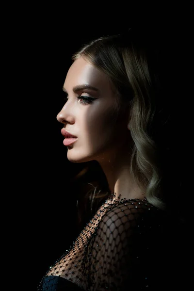 Ρομαντικό πορτραίτο προφίλ όμορφου γυναικείου μοντέλου. Χαριτωμένο μοντέλο κομψότητας με αισθησιακό σαγηνευτικό βλέμμα. Ομορφιά σέξι γυναικείο πρόσωπο με δραματικό φως στούντιο. Σέξι κοπέλα.. — Φωτογραφία Αρχείου