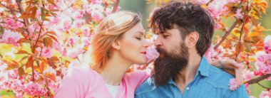 Aşık bahar çifti, Banner. Sevgililer Günü 'nü kutlarken birbirlerine bakıp öpüşen mutlu genç çift..