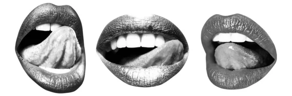 艺术嘴唇扁桃体舔唇。一组艺术唇特写，女性嘴。红色女性唇集合. — 图库照片