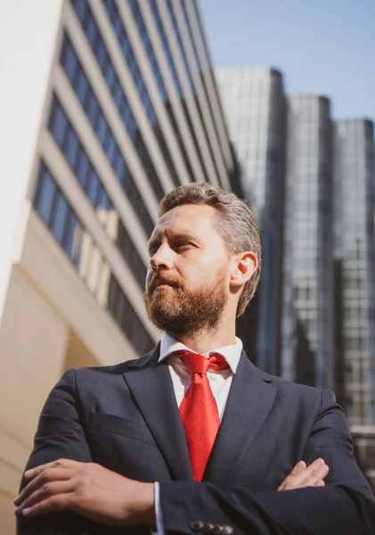 Ritratto di uomo d'affari in piedi in un ufficio. Imprenditore, ritratto d'affari. Uomo d'affari orgoglioso con le braccia incrociate fuori. — Foto Stock